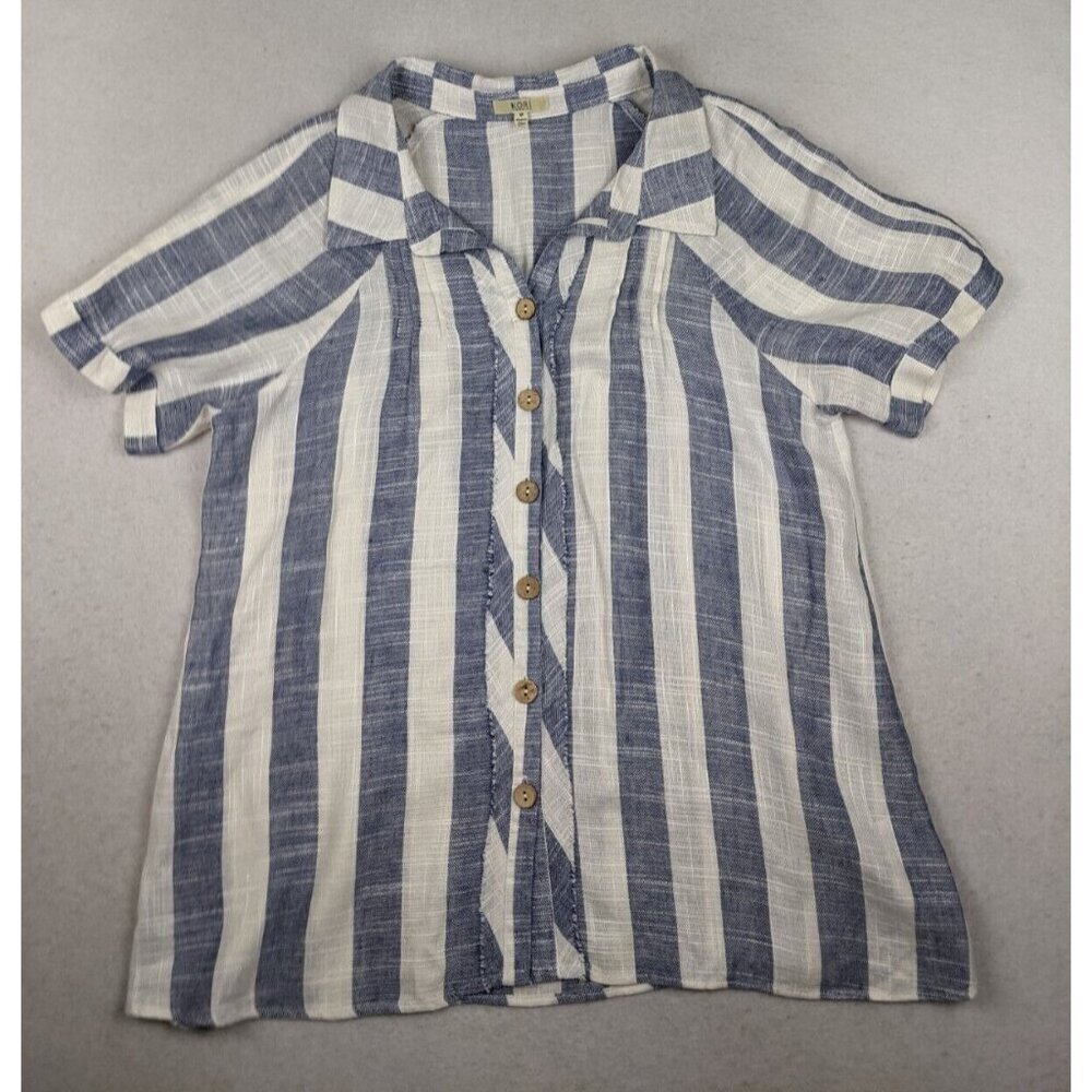 KORI AMERICA - WOMEN'S BLUE & IVORY/WHITE STRIPED BOHO BOHEMIAN TOP - SIZE M